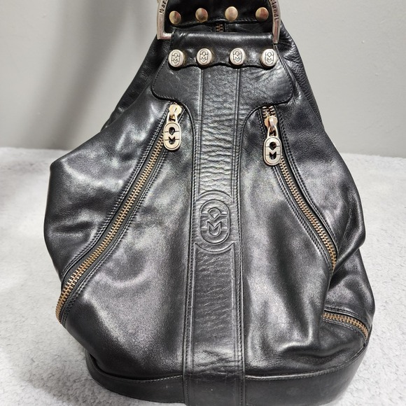 MARINO ORLANDI Backpack Sling Purse Bucket Convertible Black Leather Biker - Picture 1 of 13